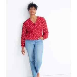 Madewell Women's Red V-Neck Peplum V-Neck Long Sleeve Top in Little Lilies XS